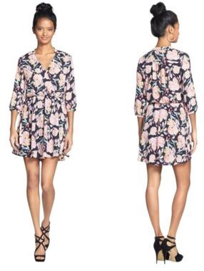 Lush Pink & Navy Floral Faux Wrap Dress